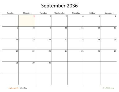 September 2036 Calendar with Bigger boxes