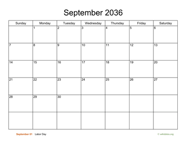 Basic Calendar for September 2036