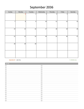 September 2036 Calendar with To-Do List