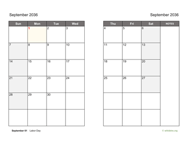 September 2036 Calendar on two pages