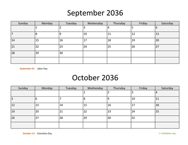 September and October 2036 Calendar Horizontal