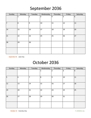 September and October 2036 Calendar Vertical