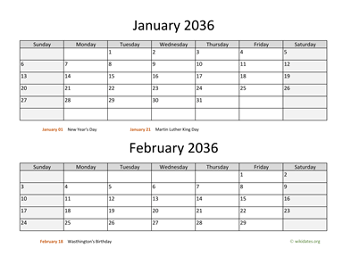 Two Months 2036 Calendar Horizontal