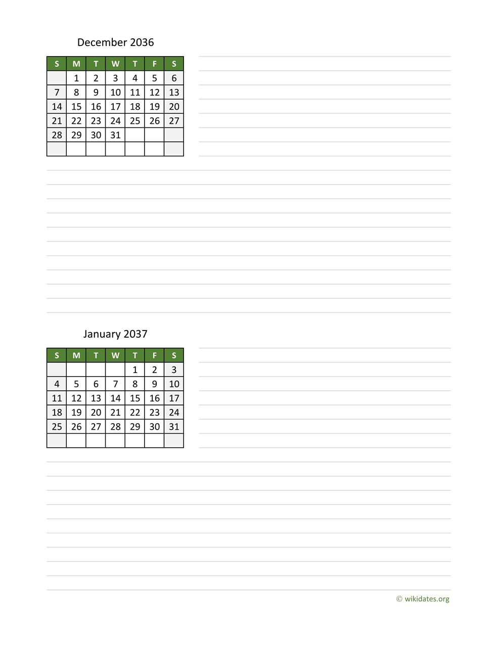 December 2036 and January 2037 Calendar | WikiDates.org