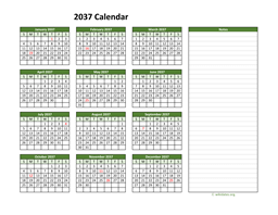 Yearly Printable 2037 Calendar with Notes