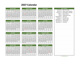 Printable 2037 Calendar with Federal Holidays