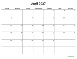 April 2037 Calendar with Bigger boxes