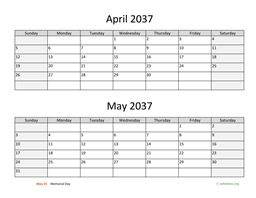 april and may 2037 calendar