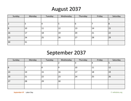 August and September 2037 Calendar