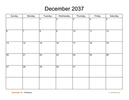 Basic Calendar for December 2037