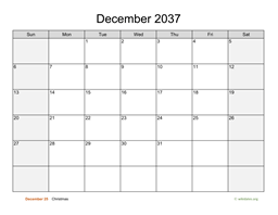 December 2037 Calendar with Weekend Shaded