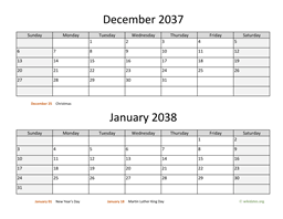 december and january 2037 calendar