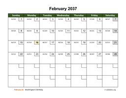 February 2037 Calendar with Day Numbers