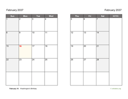 February 2037 Calendar on two pages