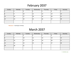 february and march 2037 calendar