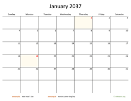 January 2037 Calendar with Bigger boxes
