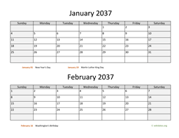 january and february 2037 calendar