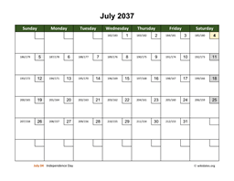July 2037 Calendar with Day Numbers