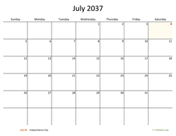 July 2037 Calendar with Bigger boxes