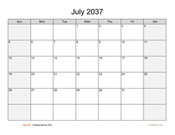 July 2037 Calendar with Weekend Shaded