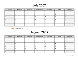 july and august 2037 calendar