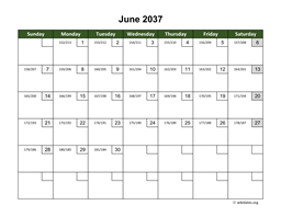 June 2037 Calendar with Day Numbers