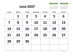 June 2037 Calendar with Extra-large Dates
