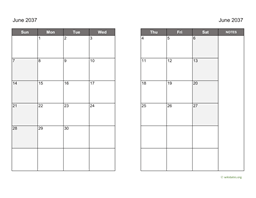 June 2037 Calendar on two pages