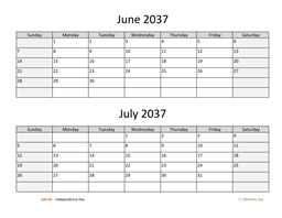 June and July 2037 Calendar