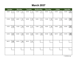 March 2037 Calendar with Day Numbers