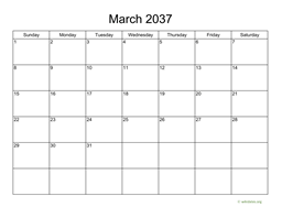 Basic Calendar for March 2037