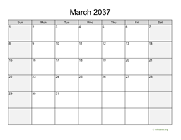 March 2037 Calendar with Weekend Shaded