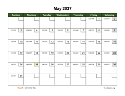 May 2037 Calendar with Day Numbers