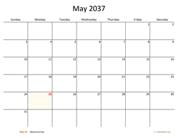 May 2037 Calendar with Bigger boxes