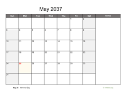 May 2037 Calendar with Notes