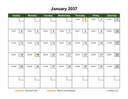 Monthly 2037 Calendar with Day Numbers