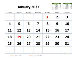 Monthly 2037 Calendar with Extra-large Dates