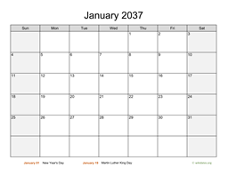 Monthly 2037 Calendar with Weekend Shaded