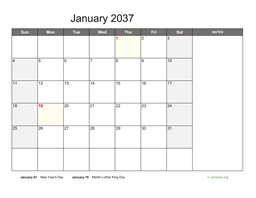 Monthly 2037 Calendar with Notes