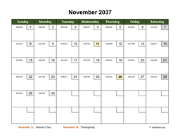 November 2037 Calendar with Day Numbers