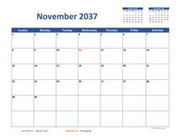 November 2037 Calendar Classic