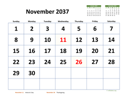 November 2037 Calendar with Extra-large Dates