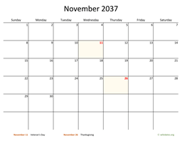 November 2037 Calendar with Bigger boxes