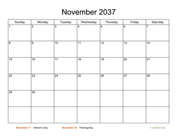 Basic Calendar for November 2037
