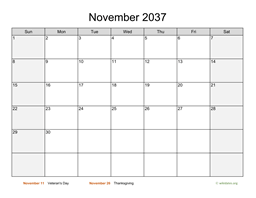 November 2037 Calendar with Weekend Shaded