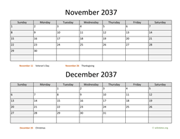 November and December 2037 Calendar