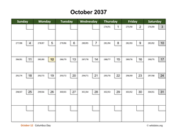 October 2037 Calendar with Day Numbers