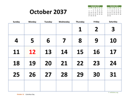 October 2037 Calendar with Extra-large Dates