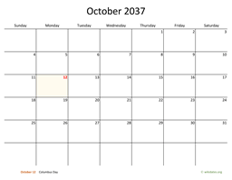 October 2037 Calendar with Bigger boxes