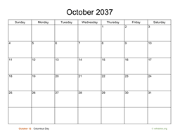 Basic Calendar for October 2037